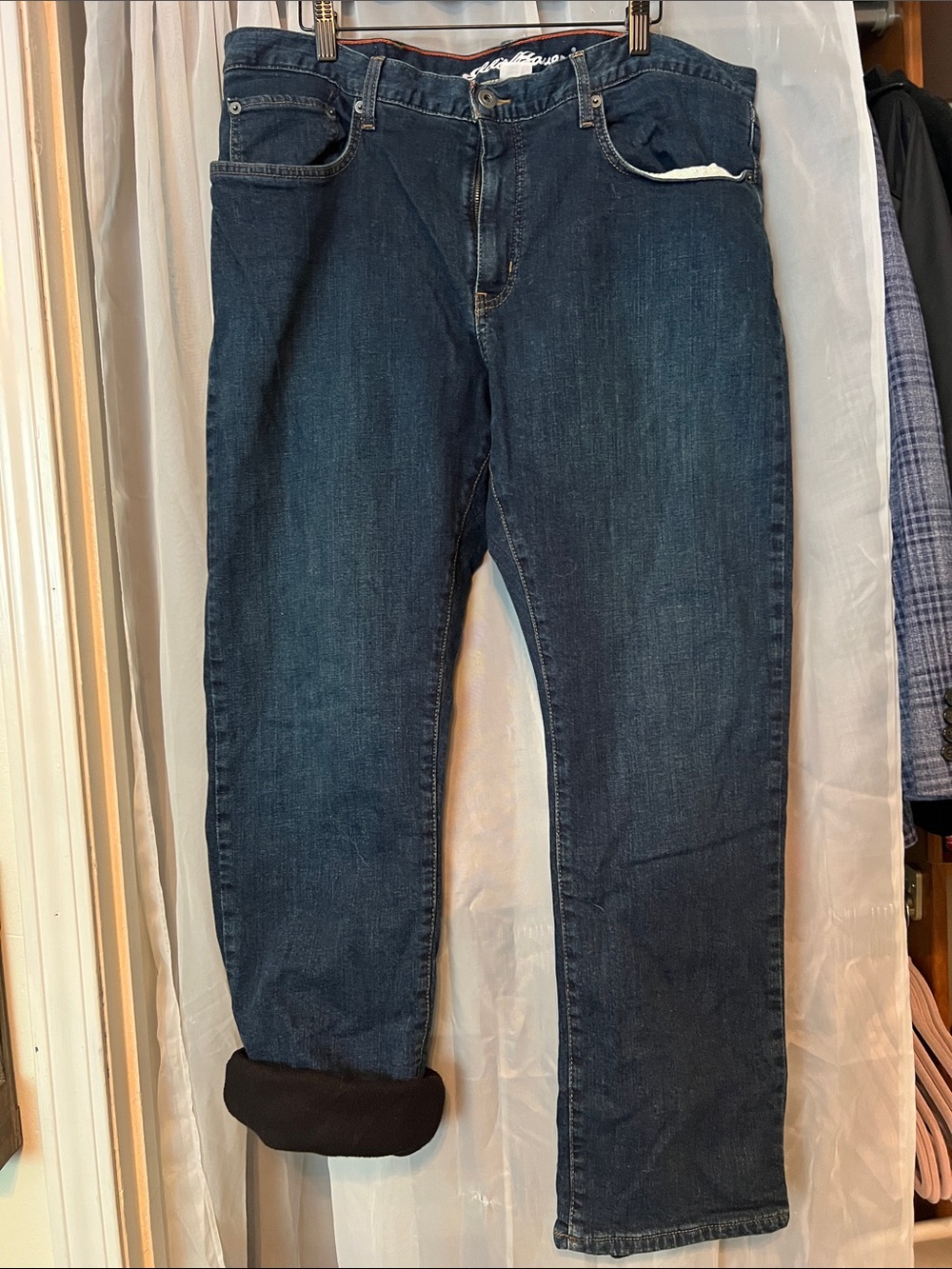 Eddie Bauer Men's Dark Blue Denim Jeans - Classic Straight Fit. Fleece lined